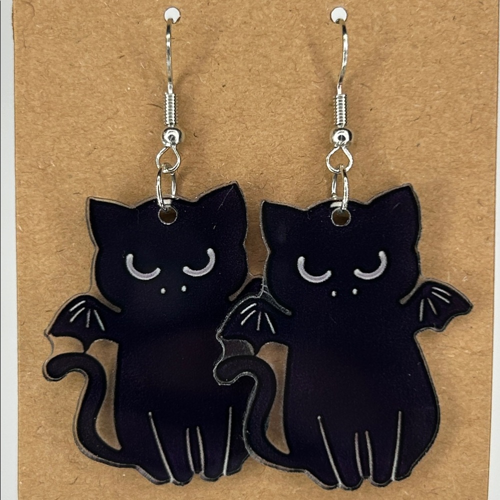 Acrylic 2D Halloween Cat With Bat Wings Earrings Quirky Novelty Fashion Jewelry - Picture 4 of 4